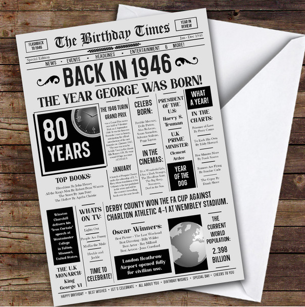 Born In 1946 Grey Newspaper Birthday Facts Any Year Any Age Personalised Card