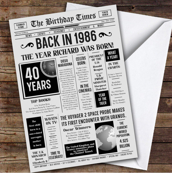 Born In 1986 Grey Newspaper Birthday Facts Any Year Any Age Personalised Card
