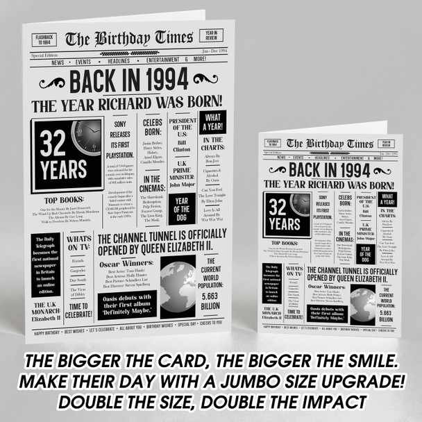 Born In 1994 Grey Newspaper Birthday Facts Any Year Any Age Personalised Card