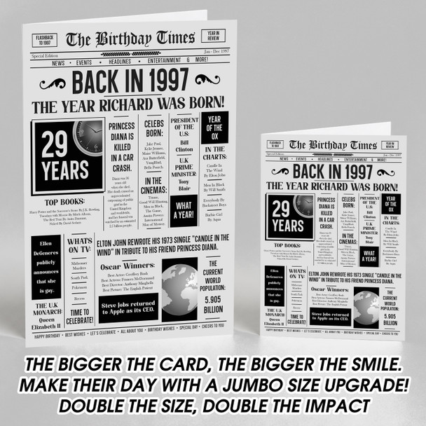 Born In 1997 Grey Newspaper Birthday Facts Any Year Any Age Personalised Card