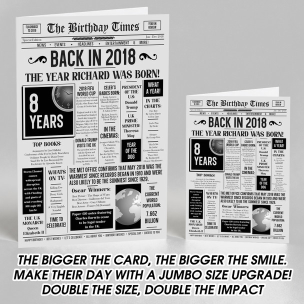 Born In 2018 Grey Newspaper Birthday Facts Any Year Any Age Personalised Card