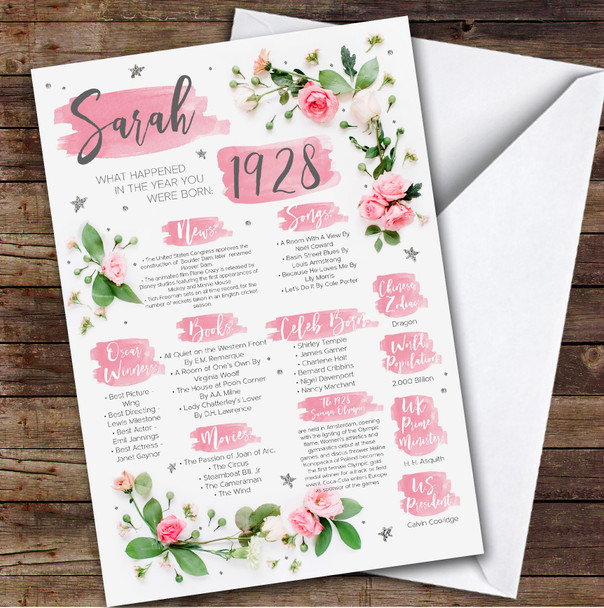 Born In 1928 Pink Flower Birthday Facts Any Year Any Age Personalised Card