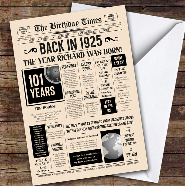 Born In 1925 Newspaper Birthday Facts Any Year Any Age Personalised Card