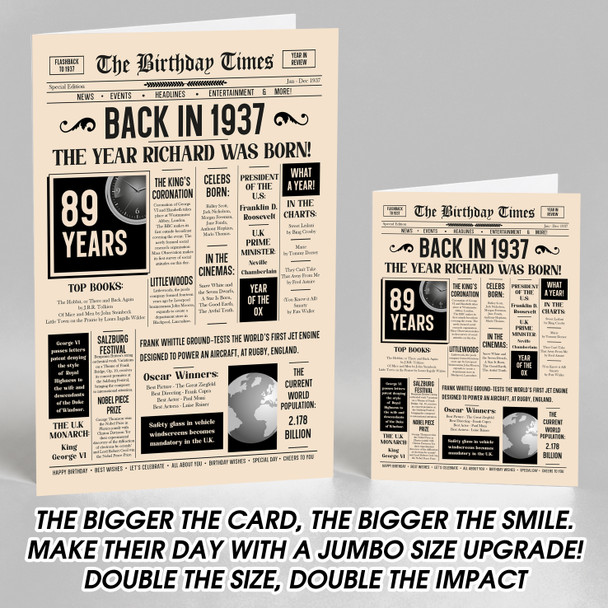 Born In 1937 Newspaper Birthday Facts Any Year Any Age Personalised Card