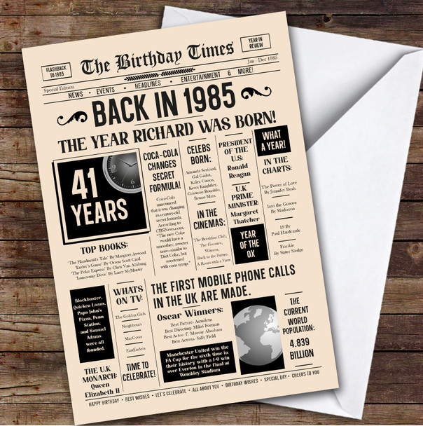 Born In 1985 Newspaper Birthday Facts Any Year Any Age Personalised Card