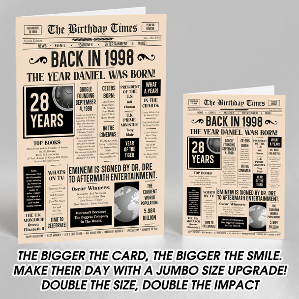 Born In 1998 Newspaper Birthday Facts Any Year Any Age Personalised Card