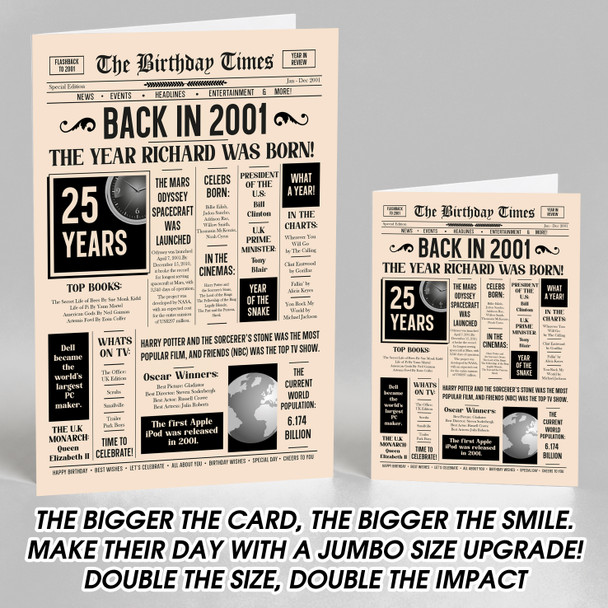 Born In 2001 Newspaper Birthday Facts Any Year Any Age Personalised Card