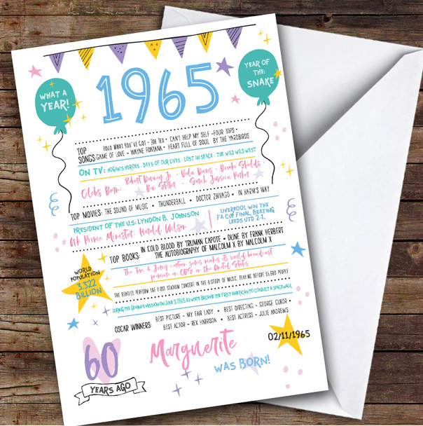 Born In 1965 Colour Birthday Facts Any Year Any Age Personalised Birthday Card