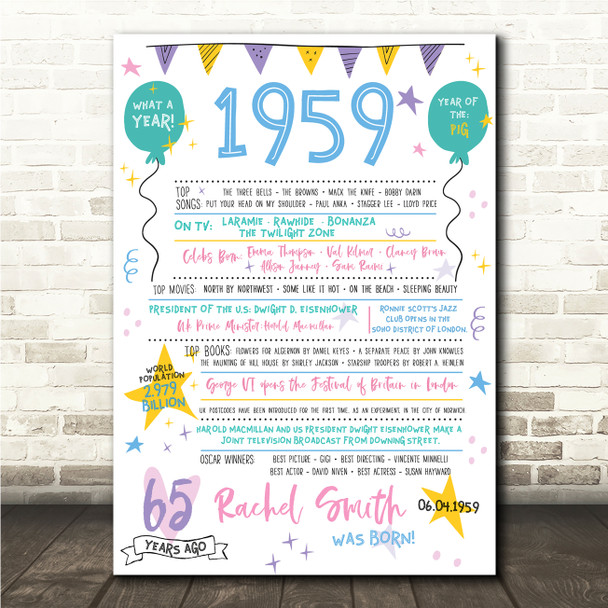 Born In 1959 Colour Birthday Facts Any Year Any Age Personalised Birthday Print