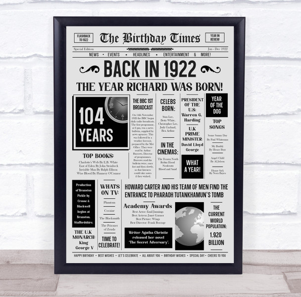 Born In 1922 Grey Newspaper Birthday Facts Any Year Any Age Personalised Print