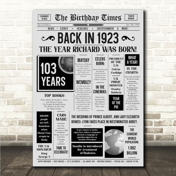 Born In 1923 Grey Newspaper Birthday Facts Any Year Any Age Personalised Print