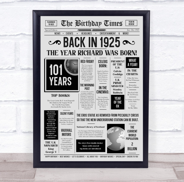 Born In 1925 Grey Newspaper Birthday Facts Any Year Any Age Personalised Print
