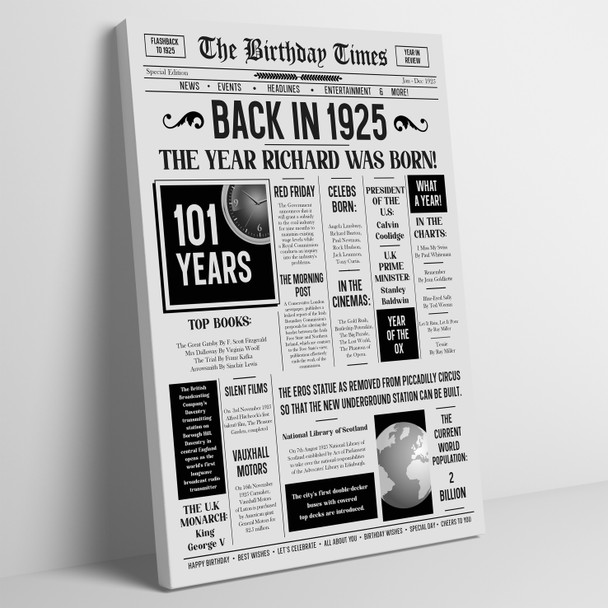 Born In 1925 Grey Newspaper Birthday Facts Any Year Any Age Personalised Print