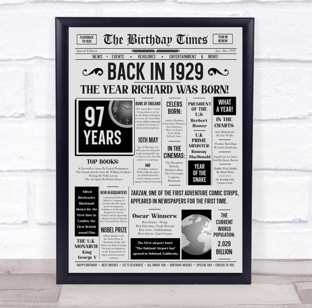 Born In 1929 Grey Newspaper Birthday Facts Any Year Any Age Personalised Print