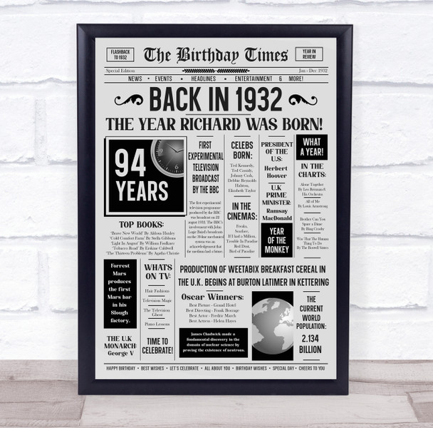 Born In 1932 Grey Newspaper Birthday Facts Any Year Any Age Personalised Print