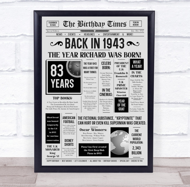 Born In 1943 Grey Newspaper Birthday Facts Any Year Any Age Personalised Print