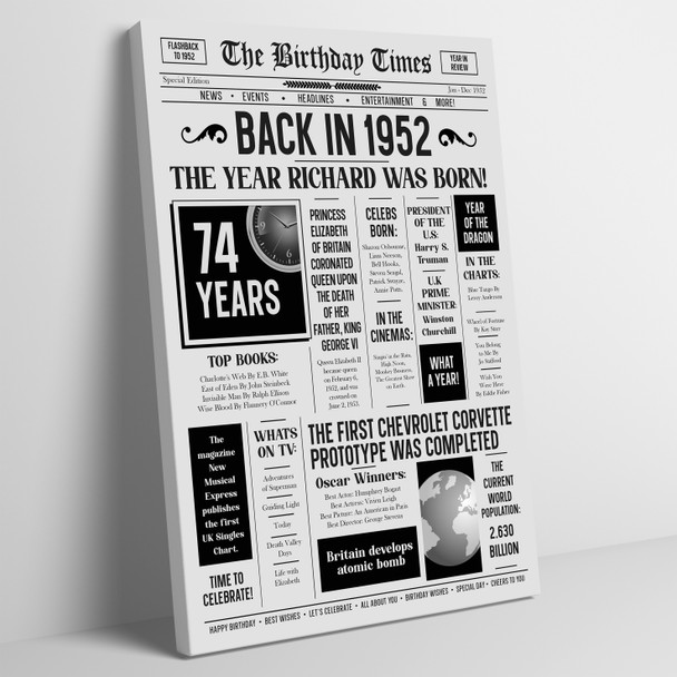 Born In 1952 Grey Newspaper Birthday Facts Any Year Any Age Personalised Print