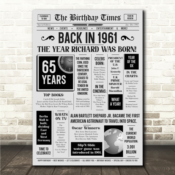 Born In 1961 Grey Newspaper Birthday Facts Any Year Any Age Personalised Print