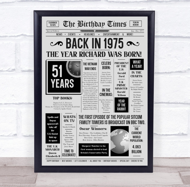 Born In 1975 Grey Newspaper Birthday Facts Any Year Any Age Personalised Print