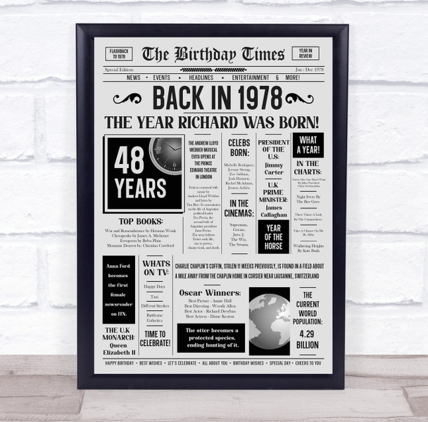 Born In 1978 Grey Newspaper Birthday Facts Any Year Any Age Personalised Print