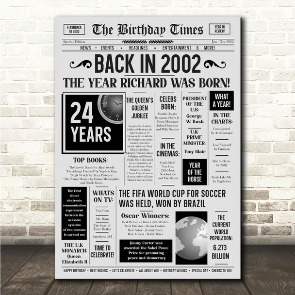 Born In 2002 Grey Newspaper Birthday Facts Any Year Any Age Personalised Print