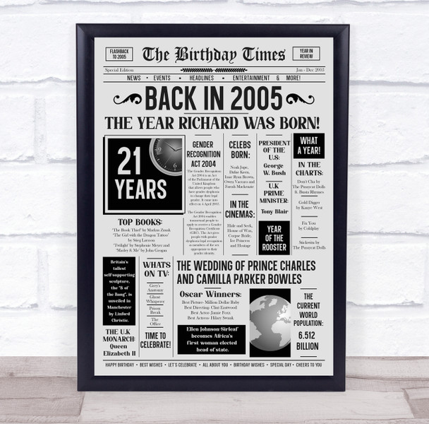 Born In 2005 Grey Newspaper Birthday Facts Any Year Any Age Personalised Print