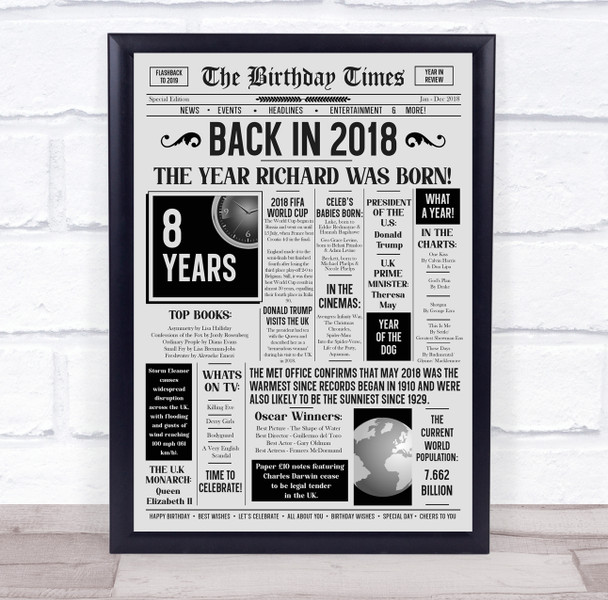 Born In 2018 Grey Newspaper Birthday Facts Any Year Any Age Personalised Print
