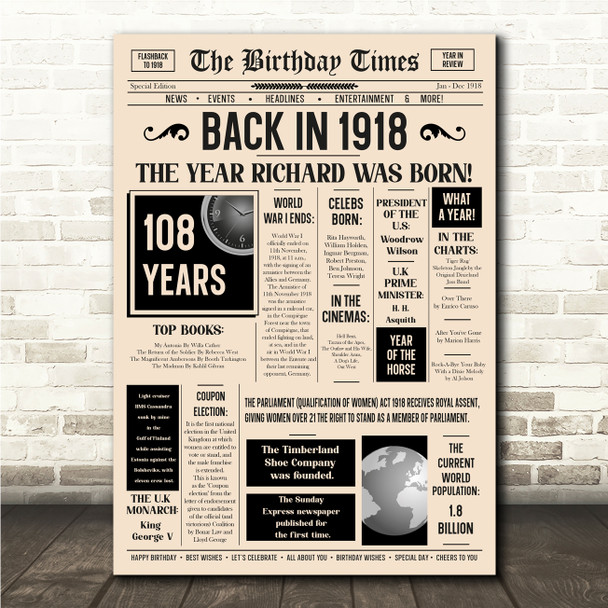 Born In 1918 Newspaper Birthday Facts Any Year Any Age Personalised Print