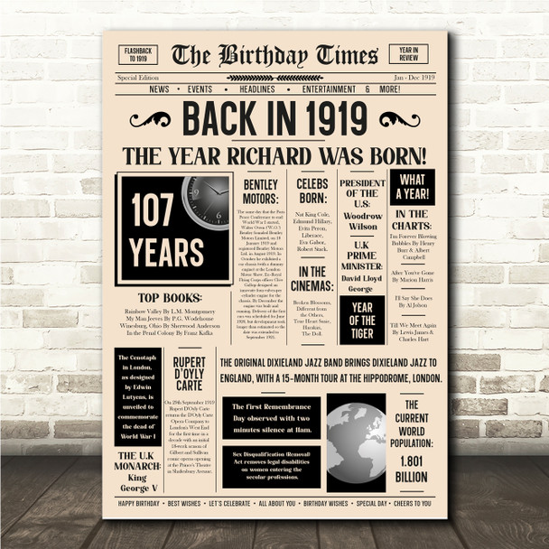 Born In 1919 Newspaper Birthday Facts Any Year Any Age Personalised Print