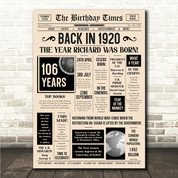Born In 1920 Newspaper Birthday Facts Any Year Any Age Personalised Print