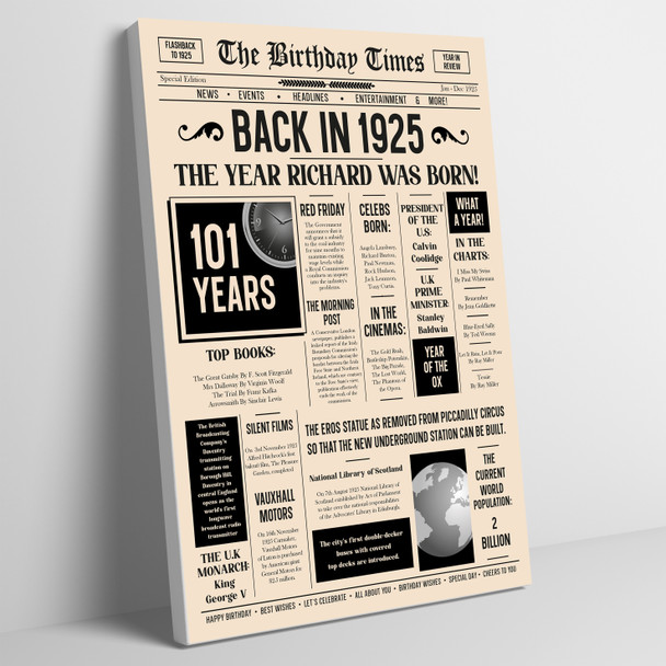 Born In 1925 Newspaper Birthday Facts Any Year Any Age Personalised Print