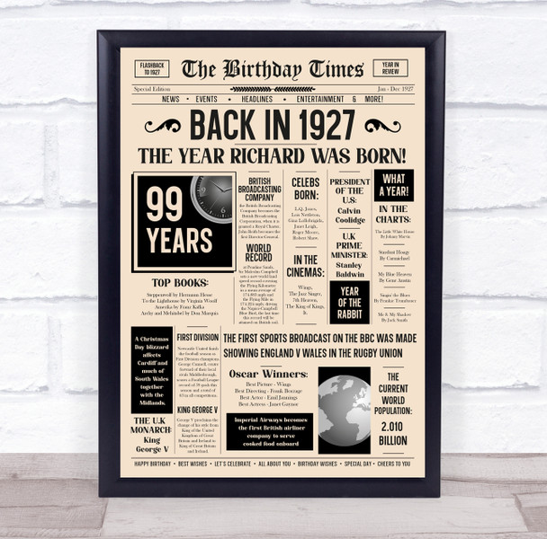 Born In 1927 Newspaper Birthday Facts Any Year Any Age Personalised Print