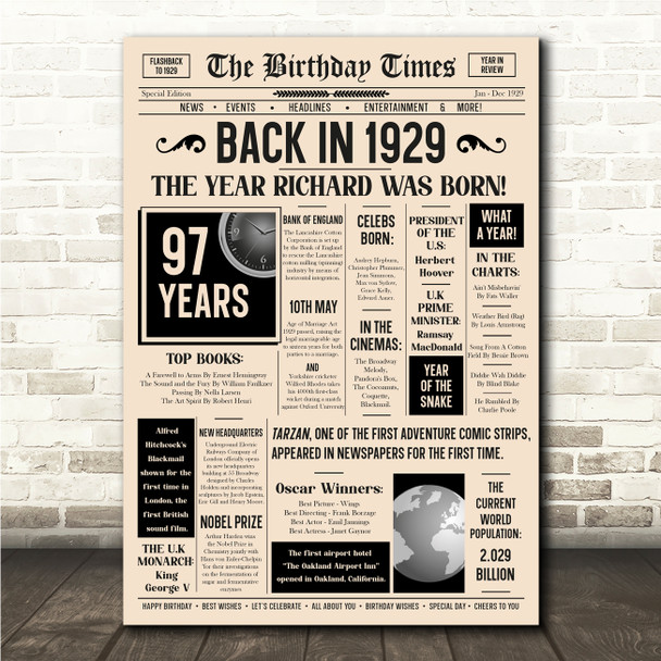 Born In 1929 Newspaper Birthday Facts Any Year Any Age Personalised Print