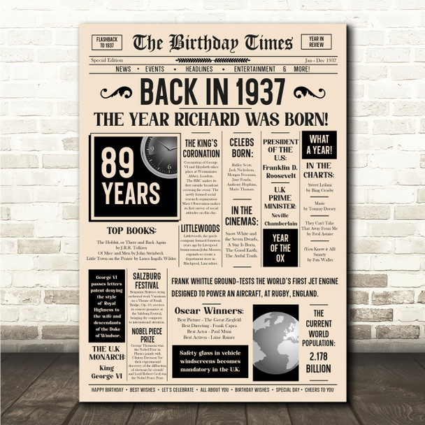 Born In 1937 Newspaper Birthday Facts Any Year Any Age Personalised Print