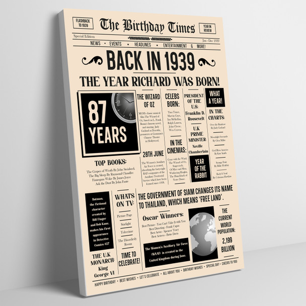 Born In 1939 Newspaper Birthday Facts Any Year Any Age Personalised Print