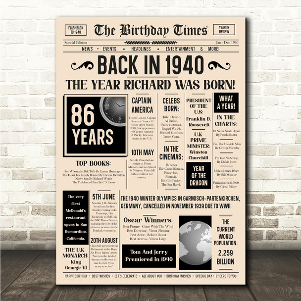 Born In 1940 Newspaper Birthday Facts Any Year Any Age Personalised Print