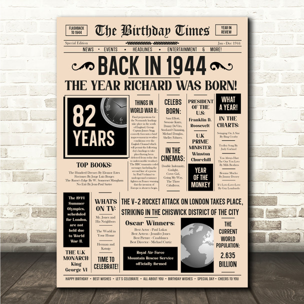 Born In 1944 Newspaper Birthday Facts Any Year Any Age Personalised Print