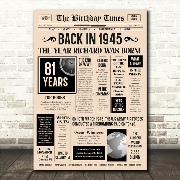 Born In 1945 Newspaper Birthday Facts Any Year Any Age Personalised Print