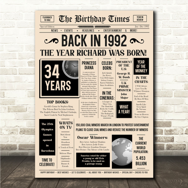 Born In 1992 Newspaper Birthday Facts Any Year Any Age Personalised Print