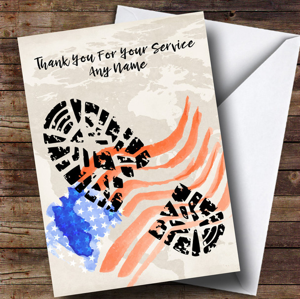Military Boot Print & American Flag Personalised Retirement Card