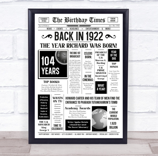 Born In 1922 White Newspaper Birthday Facts Any Year Any Age Personalised Print