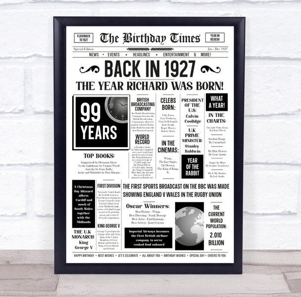 Born In 1927 White Newspaper Birthday Facts Any Year Any Age Personalised Print