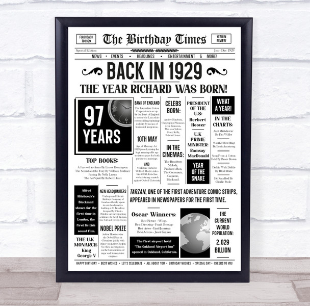 Born In 1929 White Newspaper Birthday Facts Any Year Any Age Personalised Print