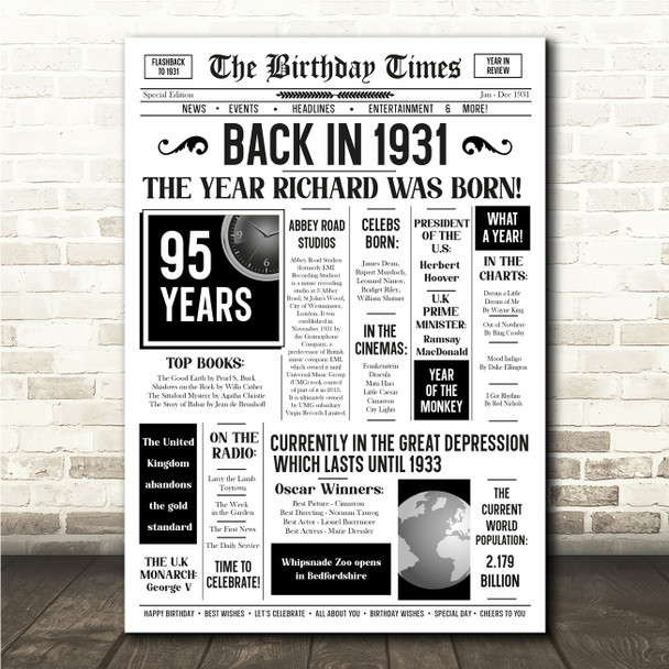 Born In 1931 White Newspaper Birthday Facts Any Year Any Age Personalised Print