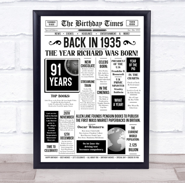 Born In 1935 White Newspaper Birthday Facts Any Year Any Age Personalised Print