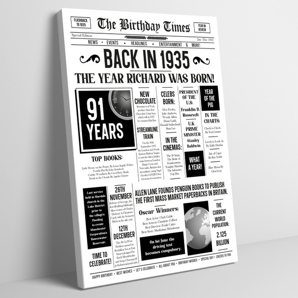 Born In 1935 White Newspaper Birthday Facts Any Year Any Age Personalised Print