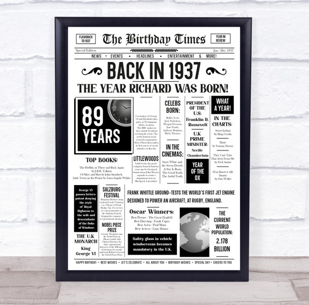 Born In 1937 White Newspaper Birthday Facts Any Year Any Age Personalised Print