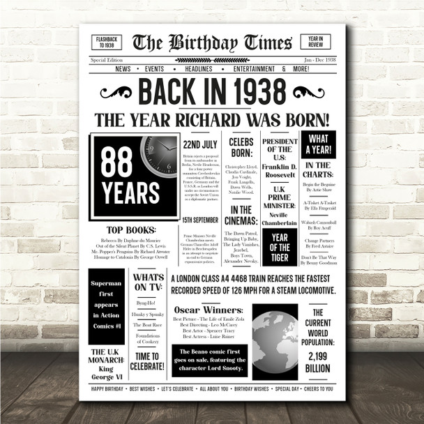 Born In 1938 White Newspaper Birthday Facts Any Year Any Age Personalised Print