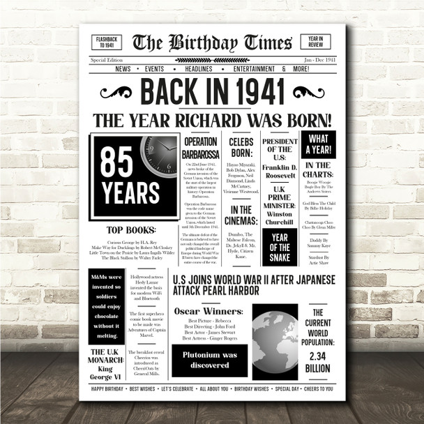 Born In 1941 White Newspaper Birthday Facts Any Year Any Age Personalised Print
