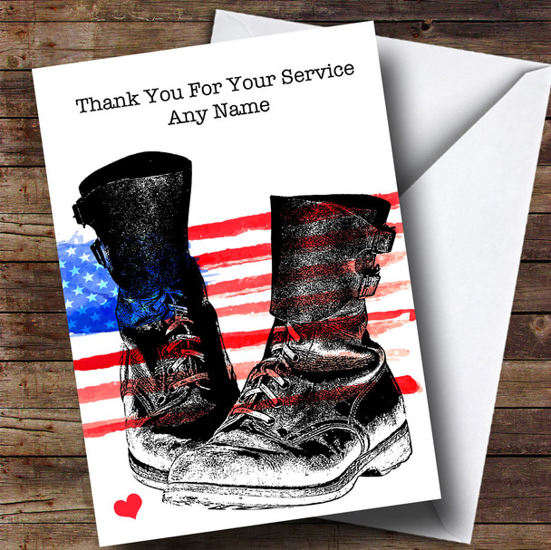 Military Boots and USA Flag Personalised Retirement Card